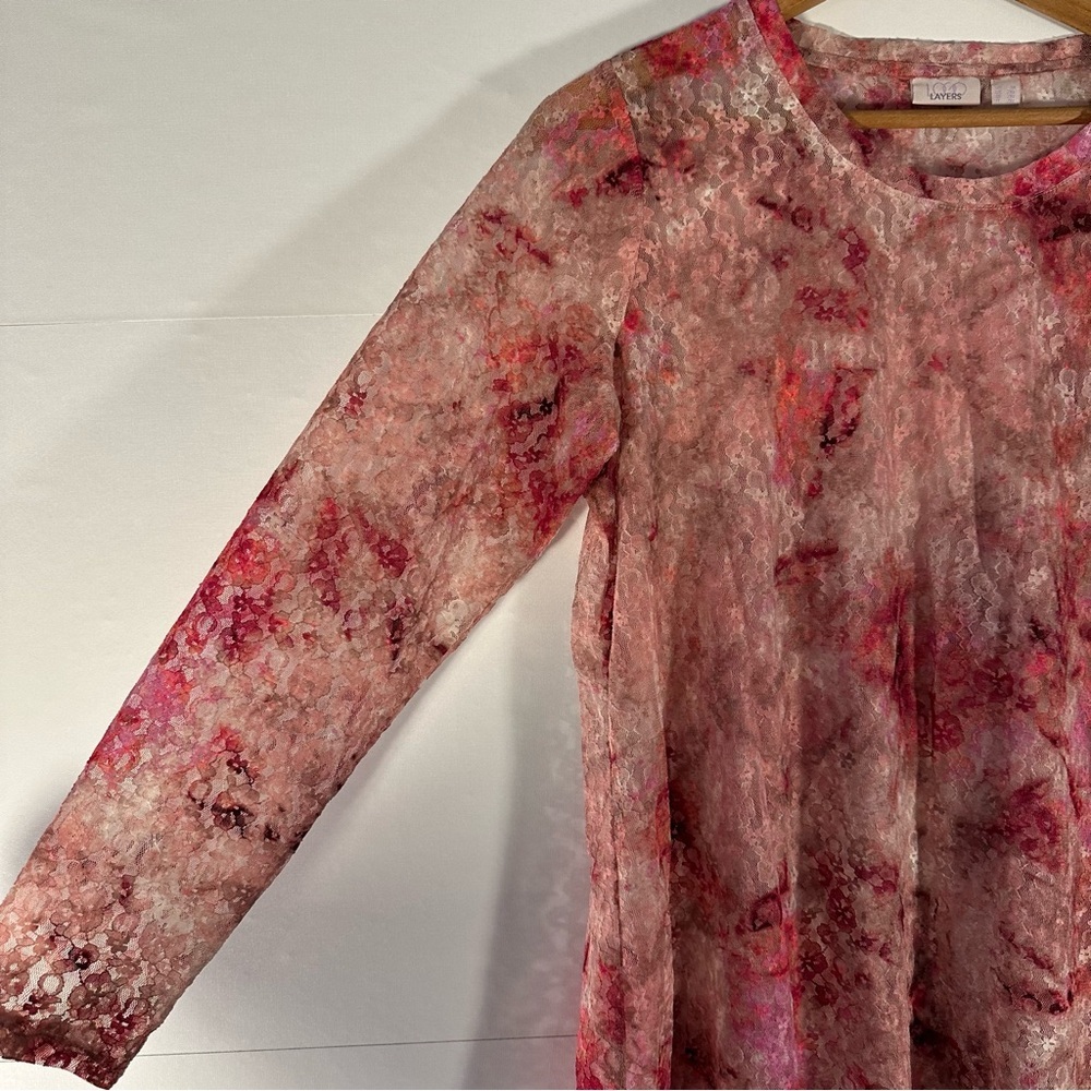 Romantic Pink and Red Sheer Floral Lace Women's Blouse - Picture 2 of 8